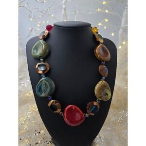 Vintage Ceramic Bead Statement Necklace Multicolored Artisan